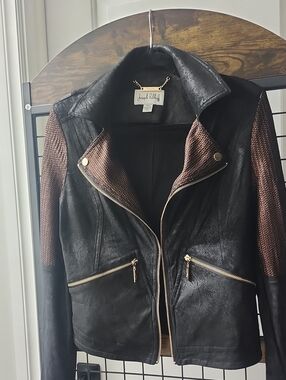 Joseph Ribkoff Black Faux Suade Jacket with Bronze Knit Sleeves